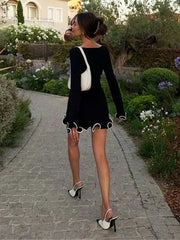 Women's Elegant Knitted Wavy Edge Long Sleeved Dress Casual O-neck Solid Color Slim Fit Dresses Street Party Chic Vestidos