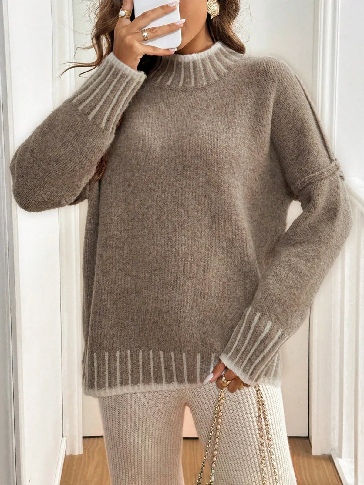 Women's High Neck Pullover Knitted Sweater Autumn Winter Simple Style Warm Cozy Top for Ladies
