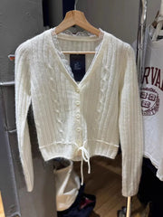 Women Twisted Flower Lace-up Sweater Cardigan Spring Lace V-neck Cotton Slim Summer Top Beige High Waist Sweater Coat