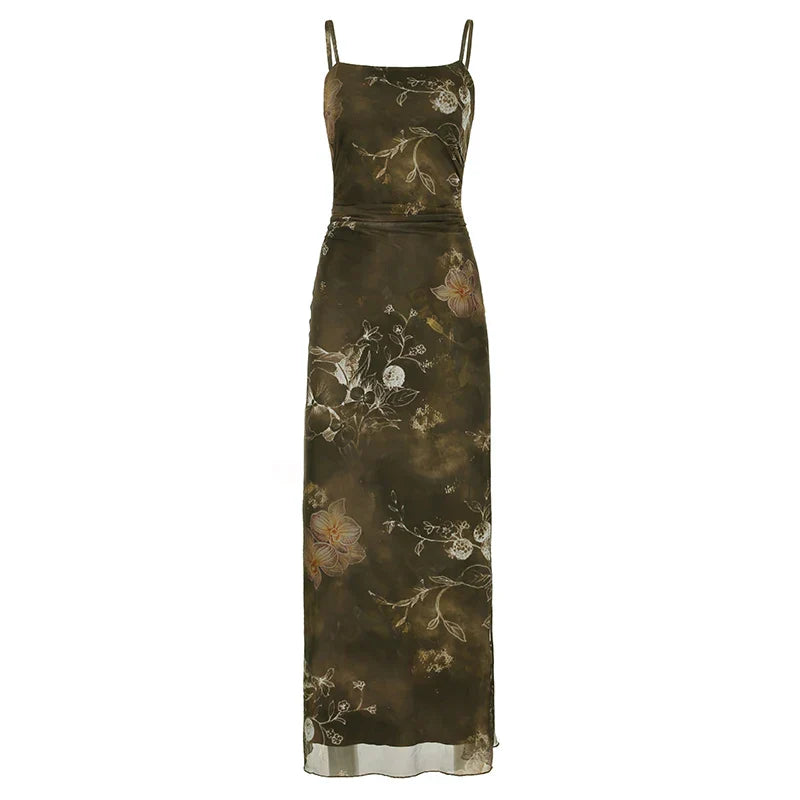 Vintage Mesh Tie Dye Flowers Printed Dress