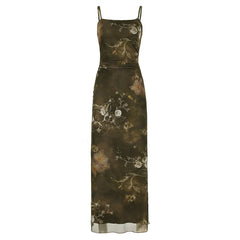 Vintage Mesh Tie Dye Flowers Printed Dress
