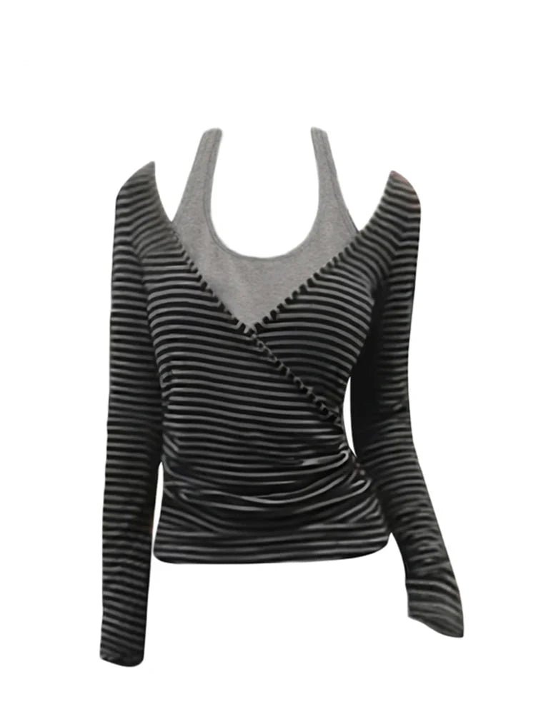 Fall Winter Women Shoujo Girl Long Sleeve Fake Two Pieces Crop Top Coquette 2000s Aesthetic Striped T-Shirt Tees Gyaru Y2k Kpop