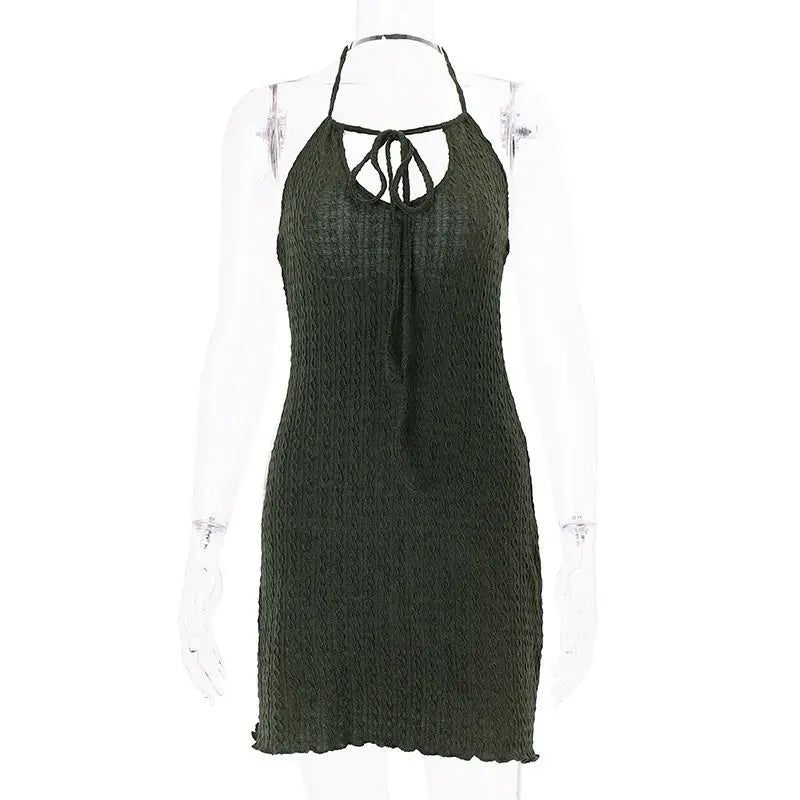 American Low Bust Design Halter Sleeveless Summer Popular Dresses Backless Solid Slim Fit Punk Vintage Short Dress Y2k Clothes
