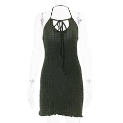 American Low Bust Design Halter Sleeveless Summer Popular Dresses Backless Solid Slim Fit Punk Vintage Short Dress Y2k Clothes