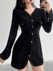 Black Velvet V-Neck Evening Party Short Dress