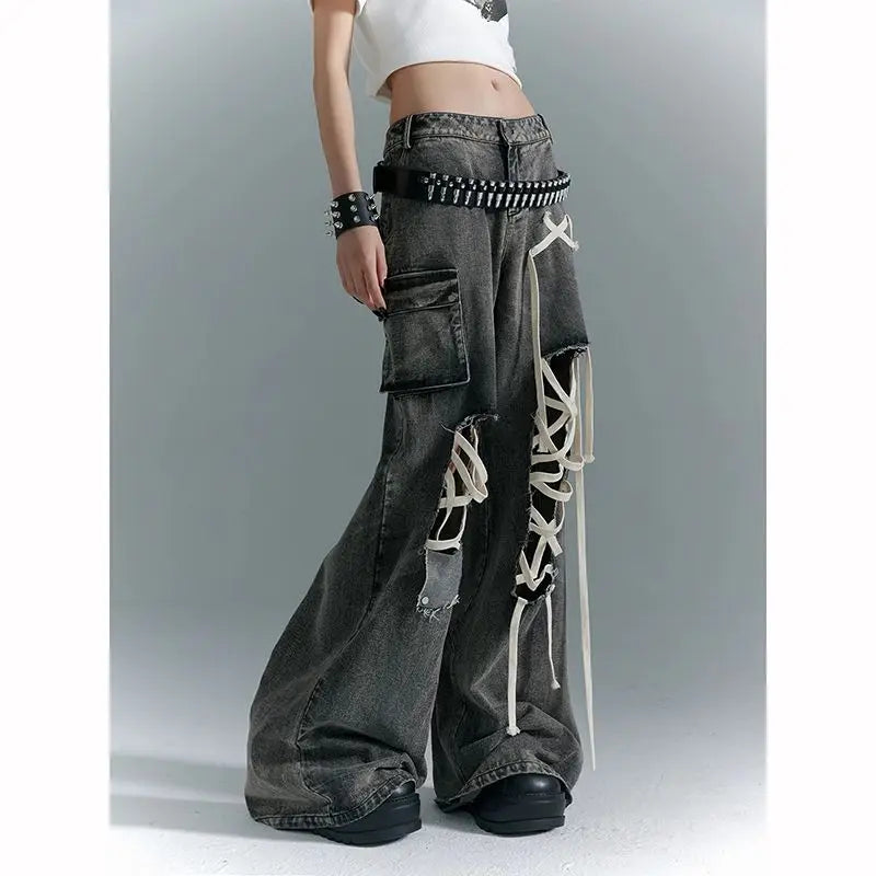Fashion American Vinateg Hole Cross Lace Up Design Denim Pants Y2ka Esthetic High Street Baggy Wide Leg Trousers Punk Bottoms
