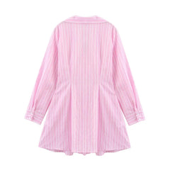 French Fashion Striped V-neck Long Sleeve Short Dress Chic Loose Single Breasted Pleat Summer Dress New Female Clothing