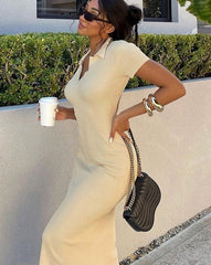 Elegant Knitted Short Sleeve Bodycon Maxi Dress Women Summer Sexy Backless Bandage Streetwear Solid Stretch Lady Dresses