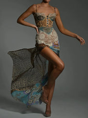 Leopard Print Lace Split Sexy Maxi Dress Women Gown Elegant Patchwork Chiffon Sleeveless Backless Beach Evening Dress
