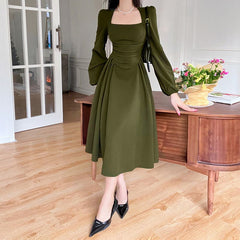 Korean Style Spring A-Line Dress For Women Square Collar Puff Sleeve Mini Dresses Casual Elegant Ladies Robe