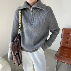 Women's Winter Sweaters Solid Grey Ladies Turtleneck Casual Loose Thick Zippers Pullovers Beautiful Oversized Sweater Women