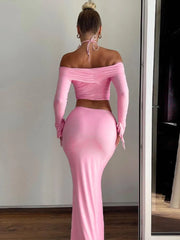 Elegant Halter 3D Flower Two Piece Sets Women Fashion Off-shoulder Tops And Maxi Skirt Matching Sets Bodycon Sexy Dress