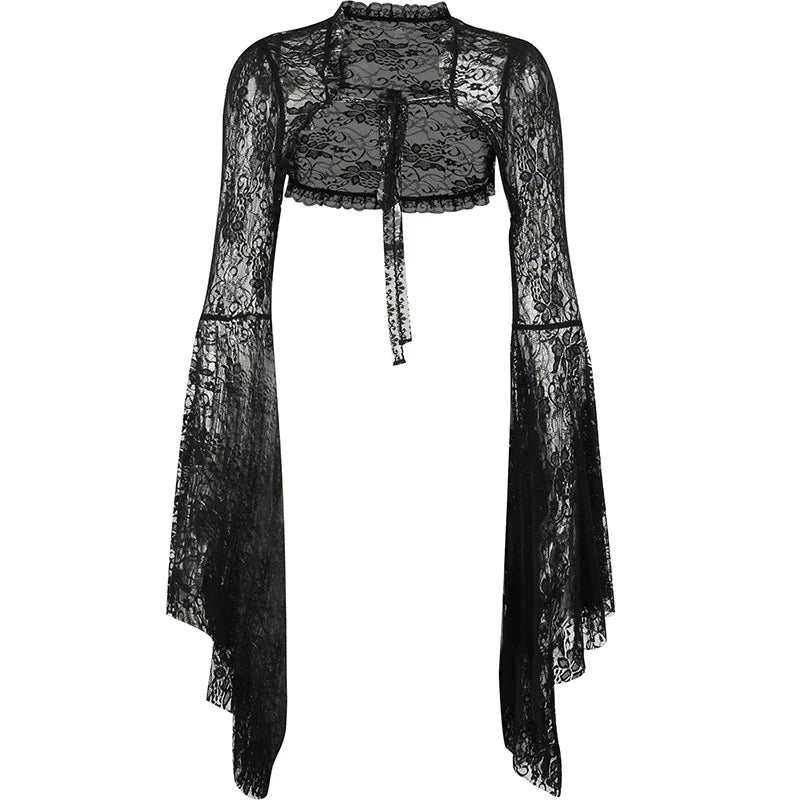 Vintage Gothic  Black Lace T-shirt Women Streetwear Flare Sleeve See Through Sexy Smock  Top Elegant Aesthetic Cropped Tops