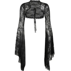 Vintage Gothic  Black Lace T-shirt Women Streetwear Flare Sleeve See Through Sexy Smock  Top Elegant Aesthetic Cropped Tops