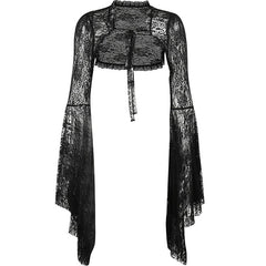 Vintage Gothic  Black Lace T-shirt Women Streetwear Flare Sleeve See Through Sexy Smock  Top Elegant Aesthetic Cropped Tops