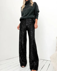 Women's Elegant Silk Sequins Pants, Midi Waist, Loose Long Pants, Classic Trousers, Female Clothing, Fashion, Streetwear,