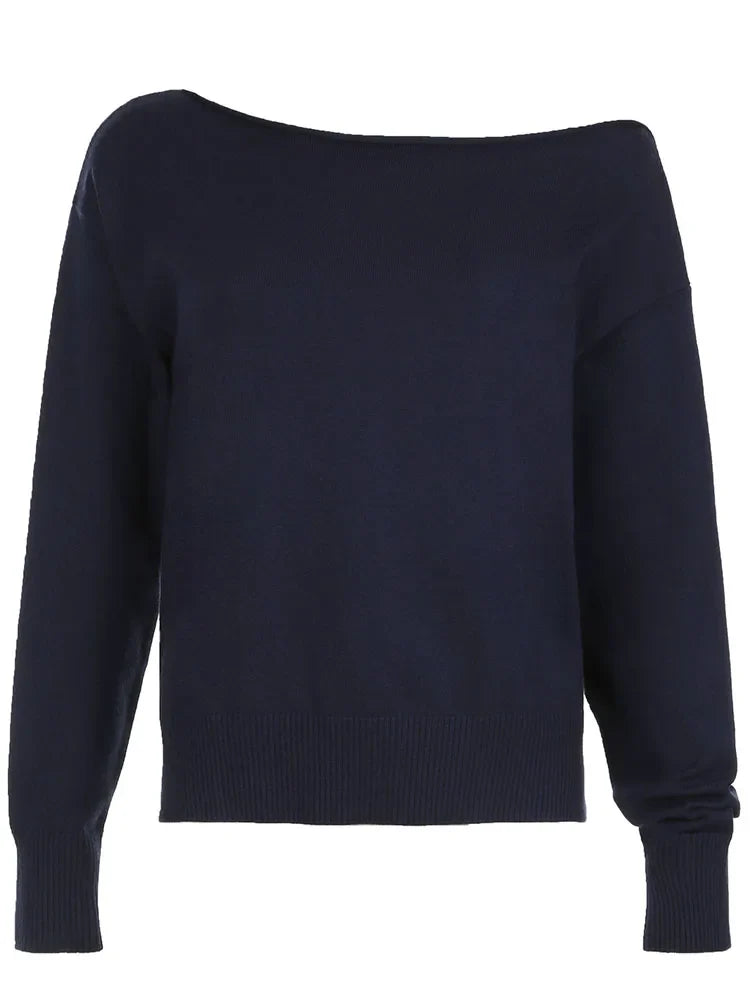 Dark Blue Solid Minimalist Style Autumn Winter Sweaters Women White Simple Basic Casual Loose Knitted Pullover Jumpers