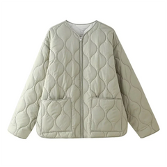 Autumn New Women's Clothing Style Round Neck Loose Lightweight Pocket Decoration Cotton Jacket Quilted Coat