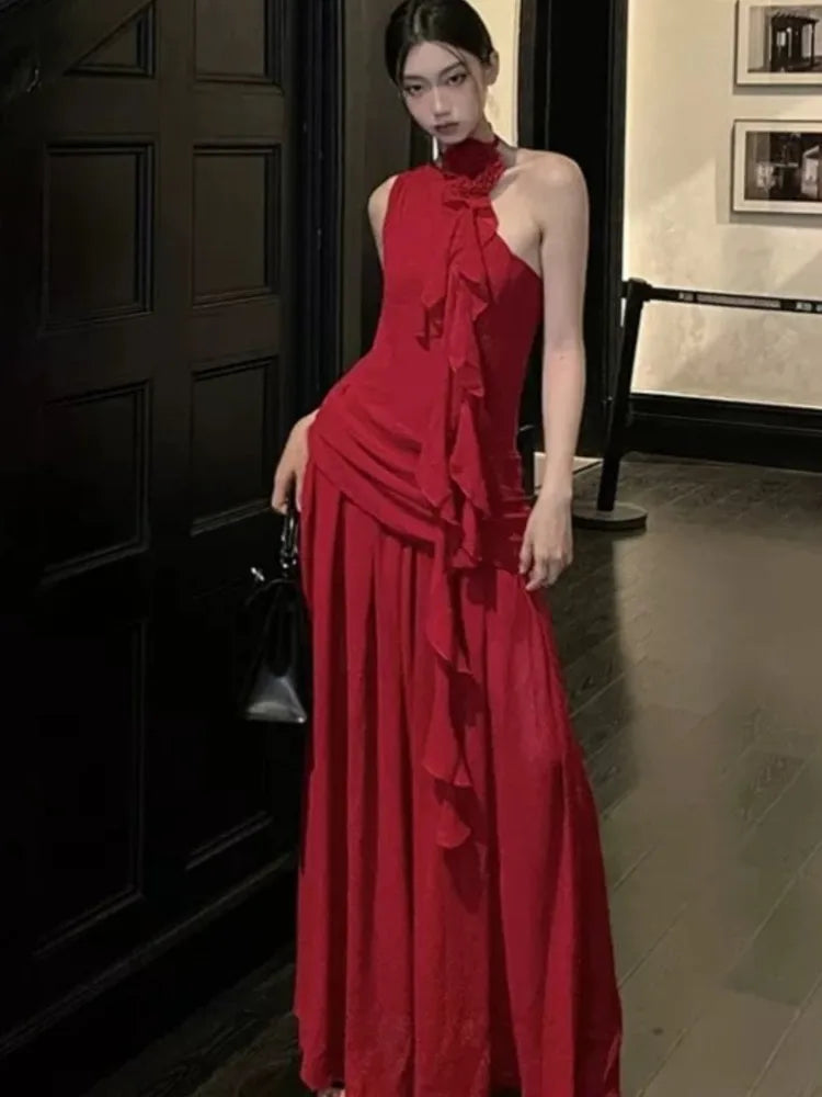 Womens Sexy Red Sleeveless Dresses Elegant Tie Flower Diagonal Collar Birthday Party Dress Summer Holiday Beach Pleated Vestidos