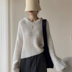 Grey Mohair Knit Hooded Sweater for Women Loose Bell-Sleeve Pullover Hoodie Female Autumn Winter Casual Chic Outfit