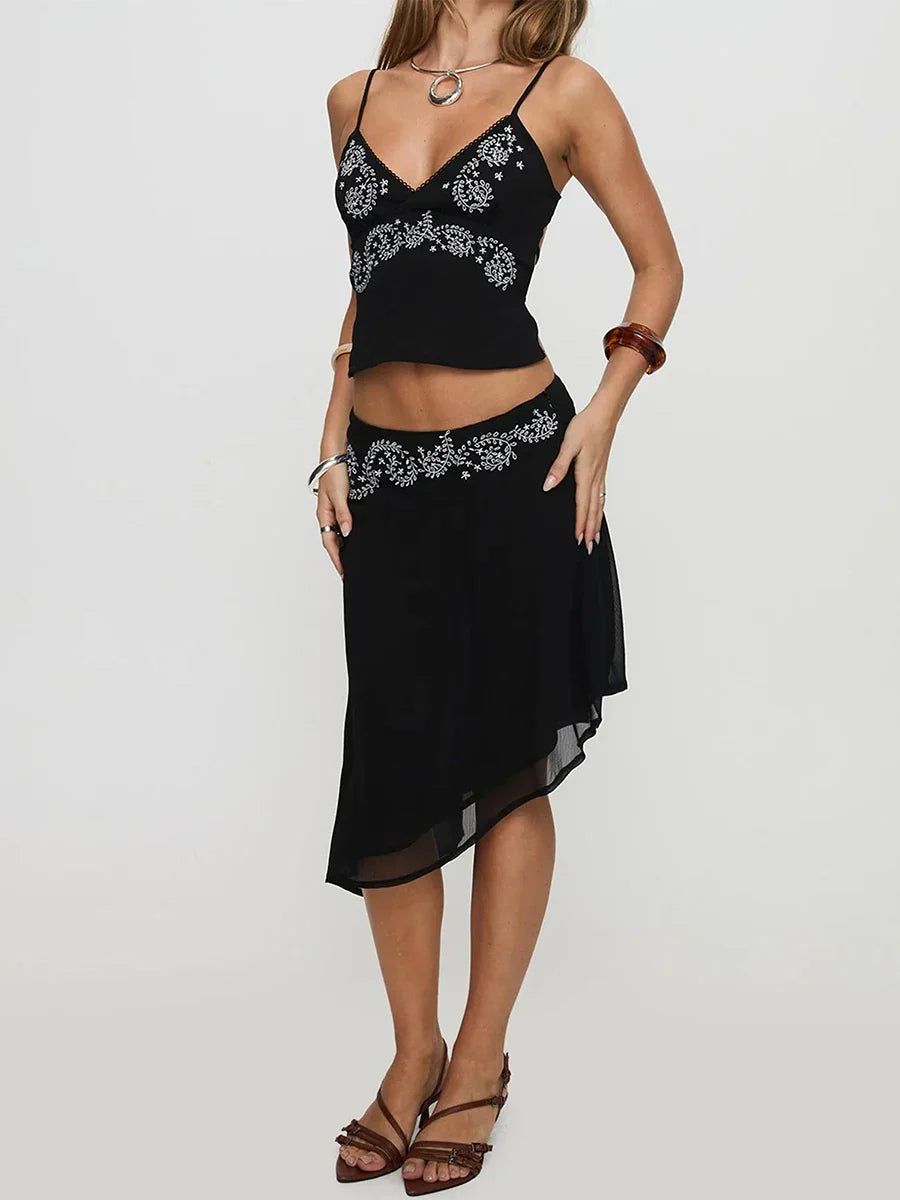 Women's 2 Piece Skirts Outfits Floral Print Spaghetti Strap V-Neck Cami Tops Asymmetrical Midi Skirts Clothes Set