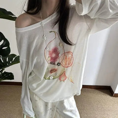 Elegant Off Shoulder T Shirt Women Korean Style Transparent Long Sleeve Tees Y2k Thin Loose Vintage Streetwear Tops
