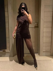 Women Fashion Irregular Pleated Tassels Mini Dress Elegant Turtleneck Sleeveless High Waist Vestidos New Party Club Dresses