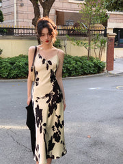 Vintage Elegant Print Spaghetti Strap Midi Dress for Women Party Fashion One Piece Bodycon Prom Robe Vestidos Summer