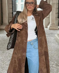 Elegant Suede Leather Belt Long Windbreaker Coat Fashion Double Button Lapel Oversize Jacket Autumn High Quality Streetwear