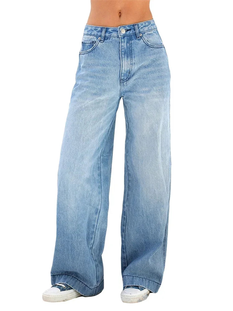 Pbong  Women Jeans High Waist Wide Leg Pants with Pockets Fashion Casual Long Trousers