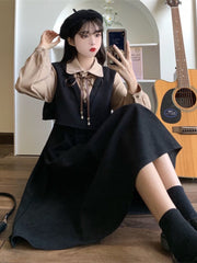 Elegant Vintage Long Dress Women Preppy Style Patchwork Long Sleeve Dresses Kawaii Peter Pan Collar Autumn Robe