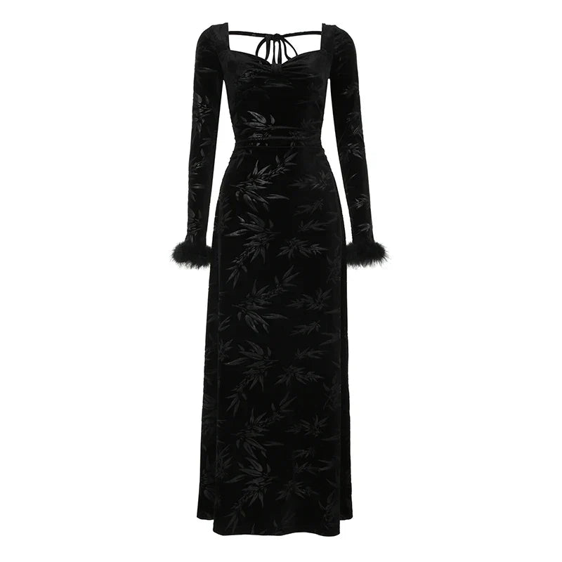 Elegant Black Velour Faux Fur Jacquard Dress