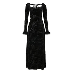 Elegant Black Velour Faux Fur Jacquard Dress