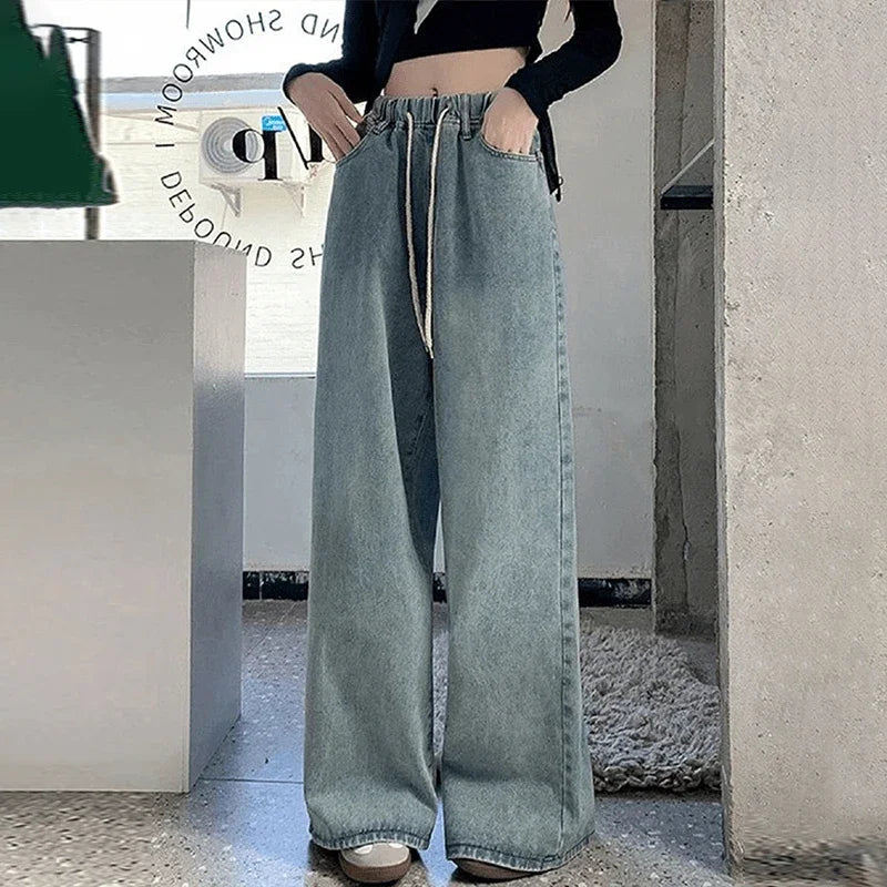 Elastic Waist High Waist Wide Leg Jeans for Women Loose Straight Blue Long Denim Pants Female Fashion Streetwear Jeans