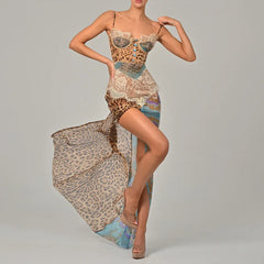 Leopard Print Sexy Maxi Dress For Women Lace Gown Patchwork Chiffon Sleeveless Backless Slit Dress Female Vacation Beach Dresses