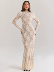 Lace Print Long Sleeve Sexy Maxi Dress For Women White Zipper Half High Collar Bodycon Fashion Elegant Long Dress
