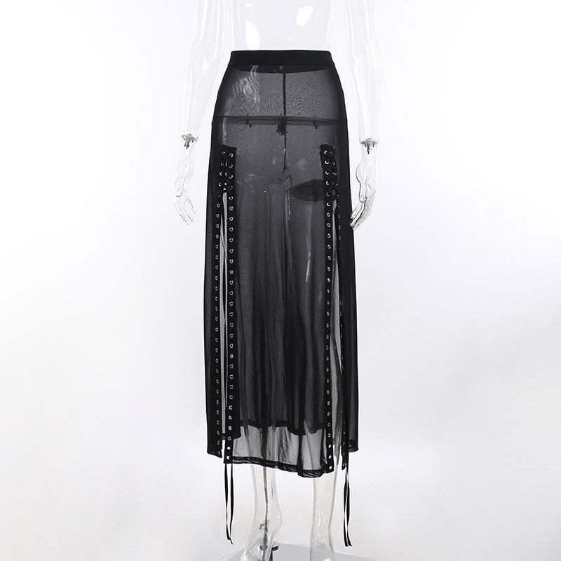Harajuku Punk Black Hollow Out Skirt Y2K Goth Grunge Patchwork Eyelet Split Long Skirt Summer Sexy Night Club Skirt