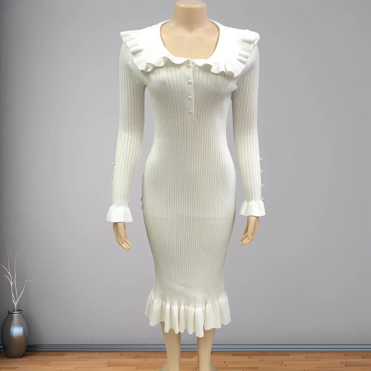 Women's High Waist Ruffled Maxi Dress Autumn And Winter Knitted Slim Long Dress Women's Retro Dress Fashionable And Elegant