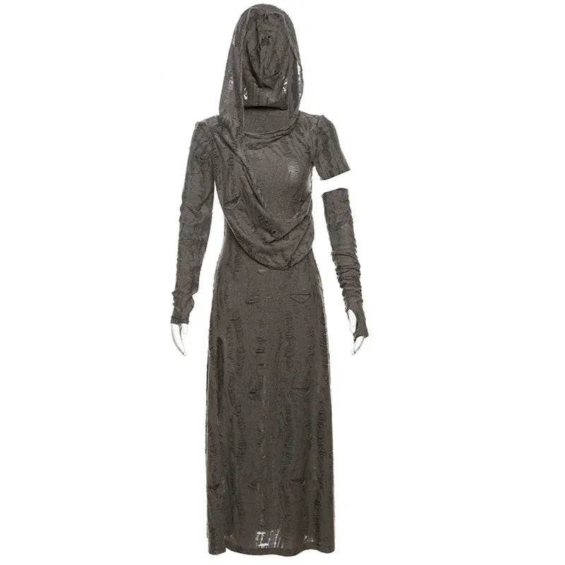 Harajuku Punk Midi Dress Women Mall Goth Streetwear Y2k E-girl Cyber Hooded Dress Vintage Hipster Casual Dress