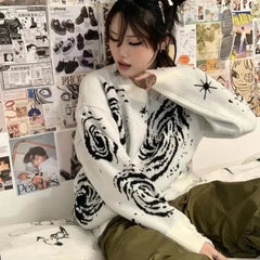 Men's and Women's Loose Cotton Knitted Sweater New Retro Sweater Ripple Creative Stripe Punched Knitted Hoodie