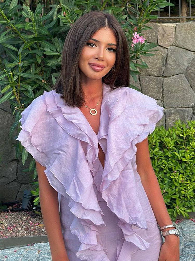 Elegant Ruffles Layer Long Dress Women Sexy V-neck Sleeveless High Waist Dresses Fashion Female Evening Party Club Vestidos