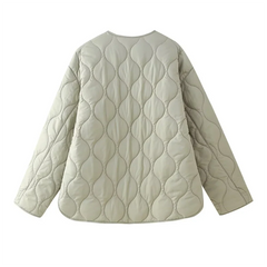 Autumn New Women's Clothing Style Round Neck Loose Lightweight Pocket Decoration Cotton Jacket Quilted Coat