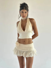 Sexy Ruffle Skirt Two Piece Set Women Fashion Halter Crop Tops And Mini Skirt Matching Sets Club Party Two Piece Sets