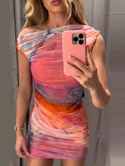 Women Fashion Printed Silk Mesh Tulle Mini Dress Sexy Asymmetry Sleeveless Pleated Dresses Summer Causal Evening Party Vestidos