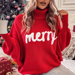 Pbong  Christmas Fashion Autumn Winter Knit Sweaters Turtleneck Sweater Women Elegant Merry Letter Print Long Sleeve Pullovers Female