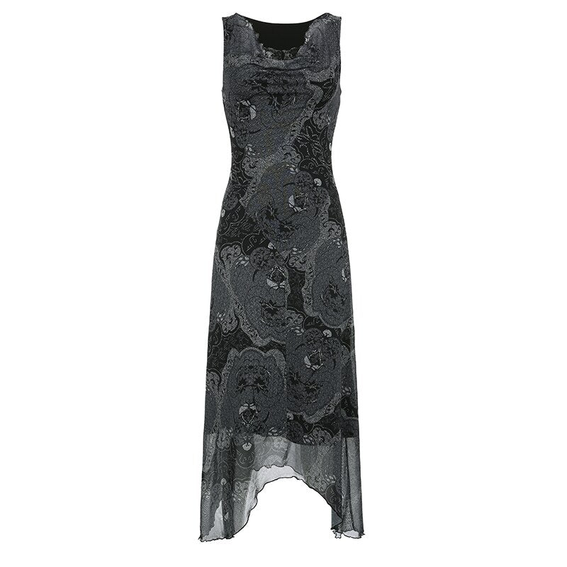 Grey Vintage Mesh Sleeveless Long Dress