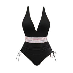 2025 Women's Swimsuit Zigzag Print Contrast Color Plunging Neck Cinched One-piece Swimsuit Beach  Swimwear