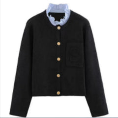 Knitted Women's Cardigan Embroidered Letter Pocket Single Breasted Women's Knitted Sweater Jacket Detachable Ruffle Collar