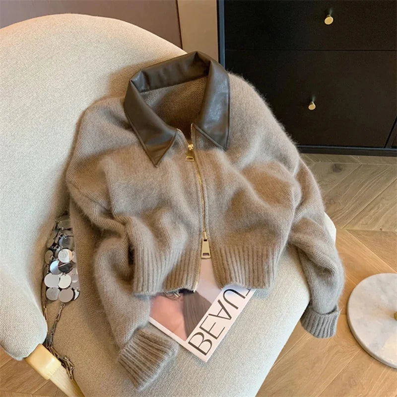 Leather Collar Knit Sweater Fashion Double Zipper Cardigan Women's Autumn/Winter New Soft Vintage Long Sleeve Streetwear