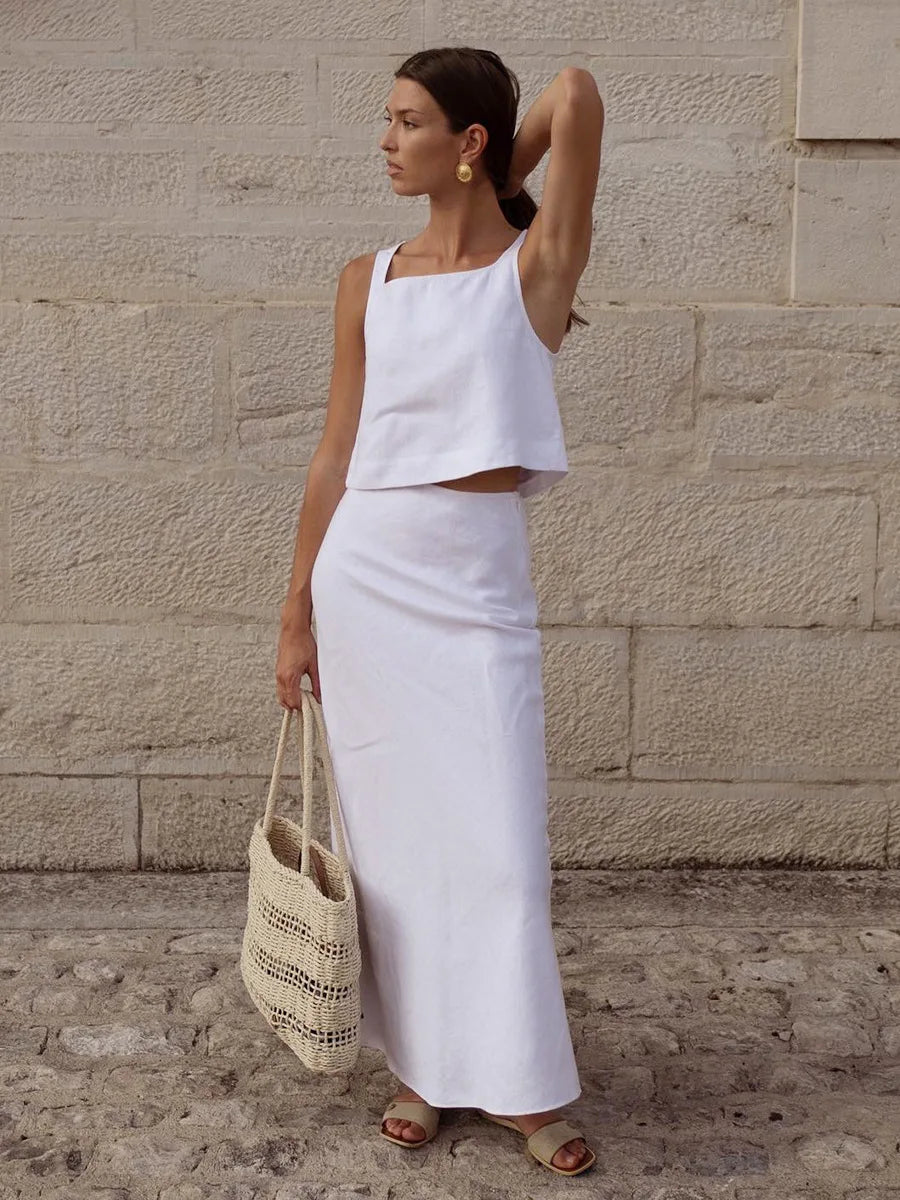 Cotton Linen Tank Top And Long Skirt Two Piece Set White Vest + Long Skirt Vacation Suit Simple Summer Woman Clothing 2025 Mew
